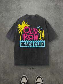 Camiseta Retro Lavada con Estampado de Doble Cara (Camiseta de 230 g de Algodón Puro) con Estampado de Letras 'OLD ROW BEACH CLUB' y Palmera, Camiseta para Hombre, Casual, Cómoda, a la Moda, Estilo Urbano, Algodón - Negro - Ver 2