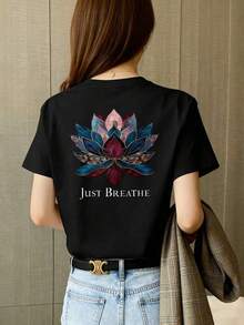 Oferta Especial: Camiseta Negra Elegante T-Shirt Diseño Floral Relajante Estampado Inspirador Arte Zen Casual Meditación Mujer Talla S M L Xl Colores Variados Moda Palabras Clave - Ropa de Moda Casual Suave y Transpirable para Diario - Negro - Ver 6