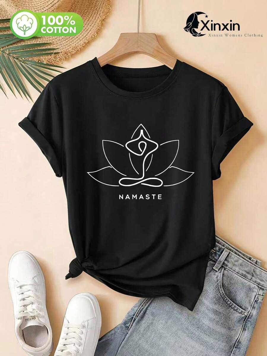 A Comfortable, 100% Cotton Women's T-Shirt With A Stylish Yoga Design Featuring Minimalist Lines And A Lotus Letter Pattern Print. It's Soft, Breathable, And Perfect For Casual Summer Wear; Machine Washable. - 黑色 - 查看 1