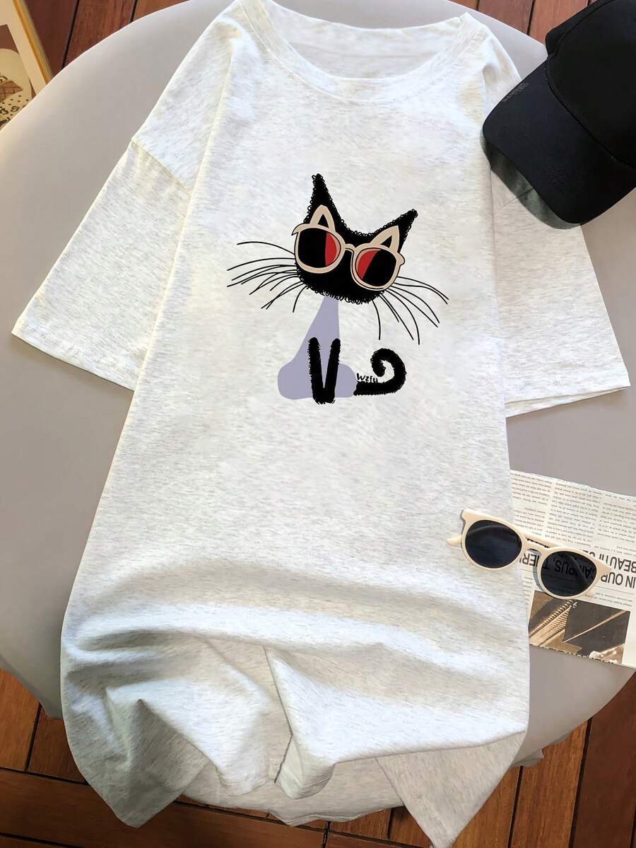 Women's Short Sleeve T-Shirt With Cartoon Print, Slim Fit#3333 - 灰 - 查看 1