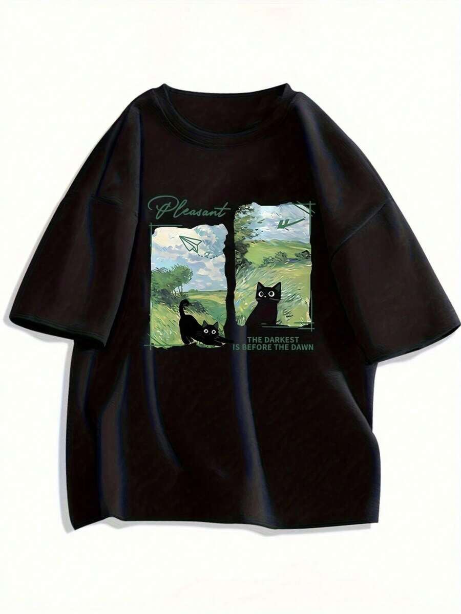 Camiseta única con diseño de gato y paisaje vibrante ideal para amantes de la naturaleza y los felinos, perfecta para un estilo Y2K moderno, cómoda y fresca, no te pierdas esta pieza exclusiva que combina arte y originalidad en tu outfit. 6H1S - Negro - Ver 1