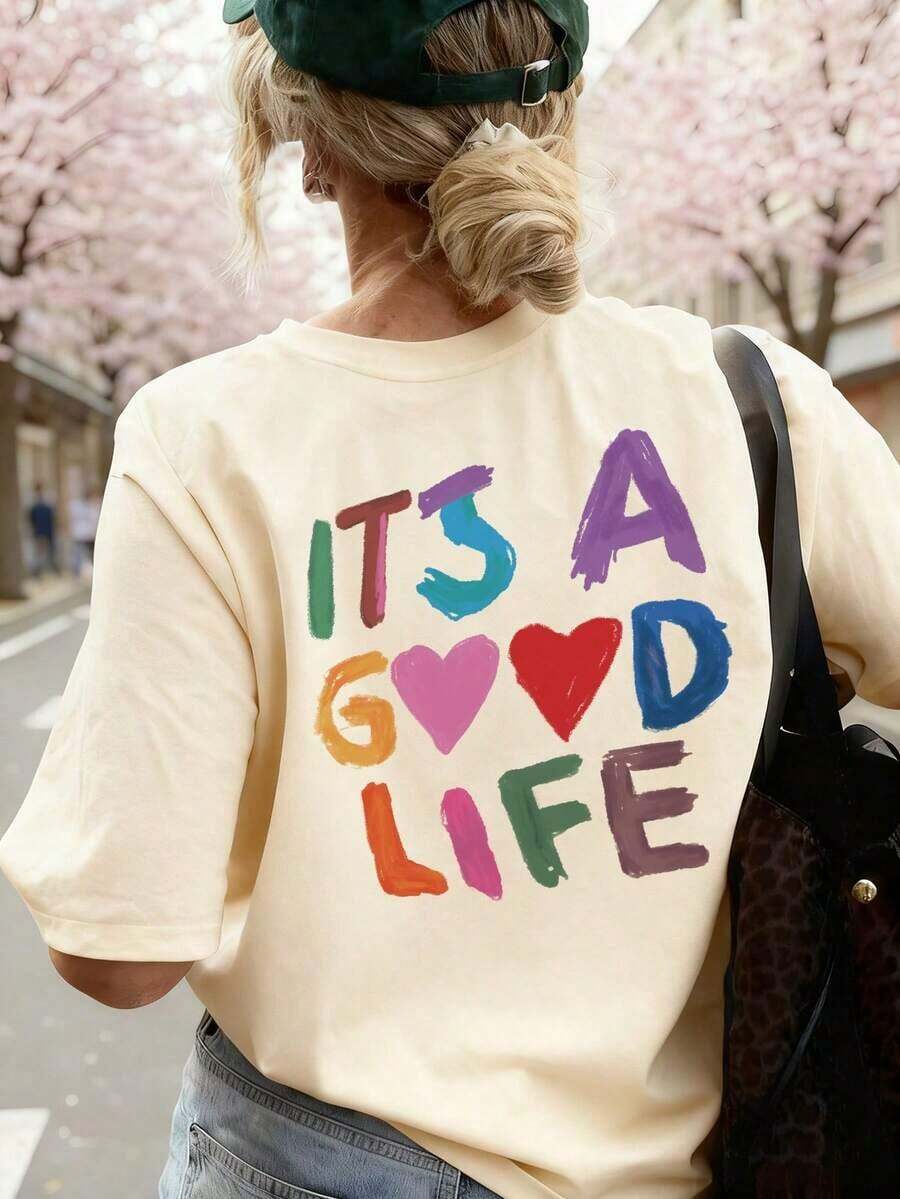 Camiseta de mujer de manga corta con cuello redondo y estampado de lema colorido, nuevo estilo de verano, adecuado para uso diario, vacaciones, camiseta gráfica de mujer, blusa blanca de mujer - amarillo claro - Ver 1