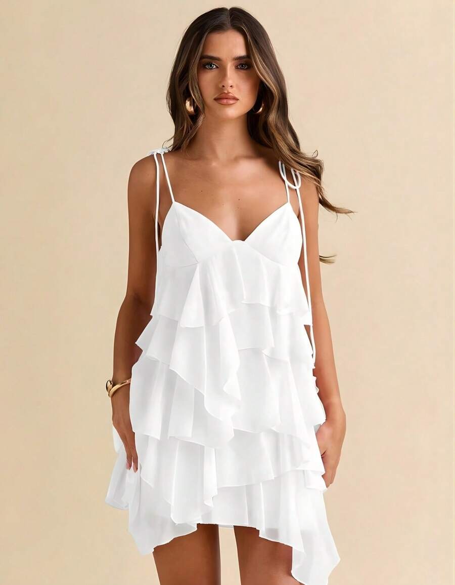 Women's Short Dress With Layered Ruffles, Thin Straps, V-Neck, Summer Fashion - 白色 - 查看 1