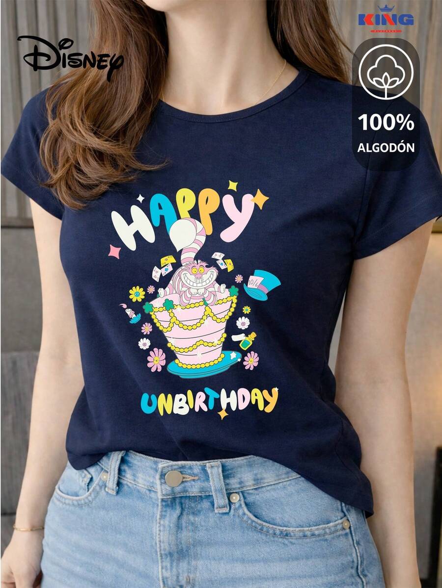 Women's T-Shirt Made Of 100% High-Quality Cotton, This T-Shirt Guarantees Exceptional Softness To The Touch, Round Neck With "Disney Cheshire Cat Happy Unbirthday" Print And Short Sleeves - 藏蓝色 - 查看 1