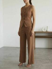 Conjunto de 2 piezas, traje de mujer de 2 piezas, chaleco sin mangas elegante con botones y pantalón talle alto pierna amplia, conjunto sofisticado ideal para oficina, eventos formales y looks modernos - Café integral - Ver 4