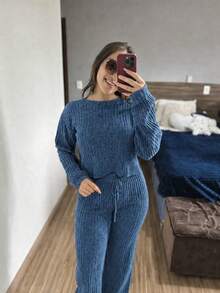 Comfortable Ribbed Mousse Knit Set For Autumn/Winter, Casual And Basic - 藏蓝色 - 查看 2