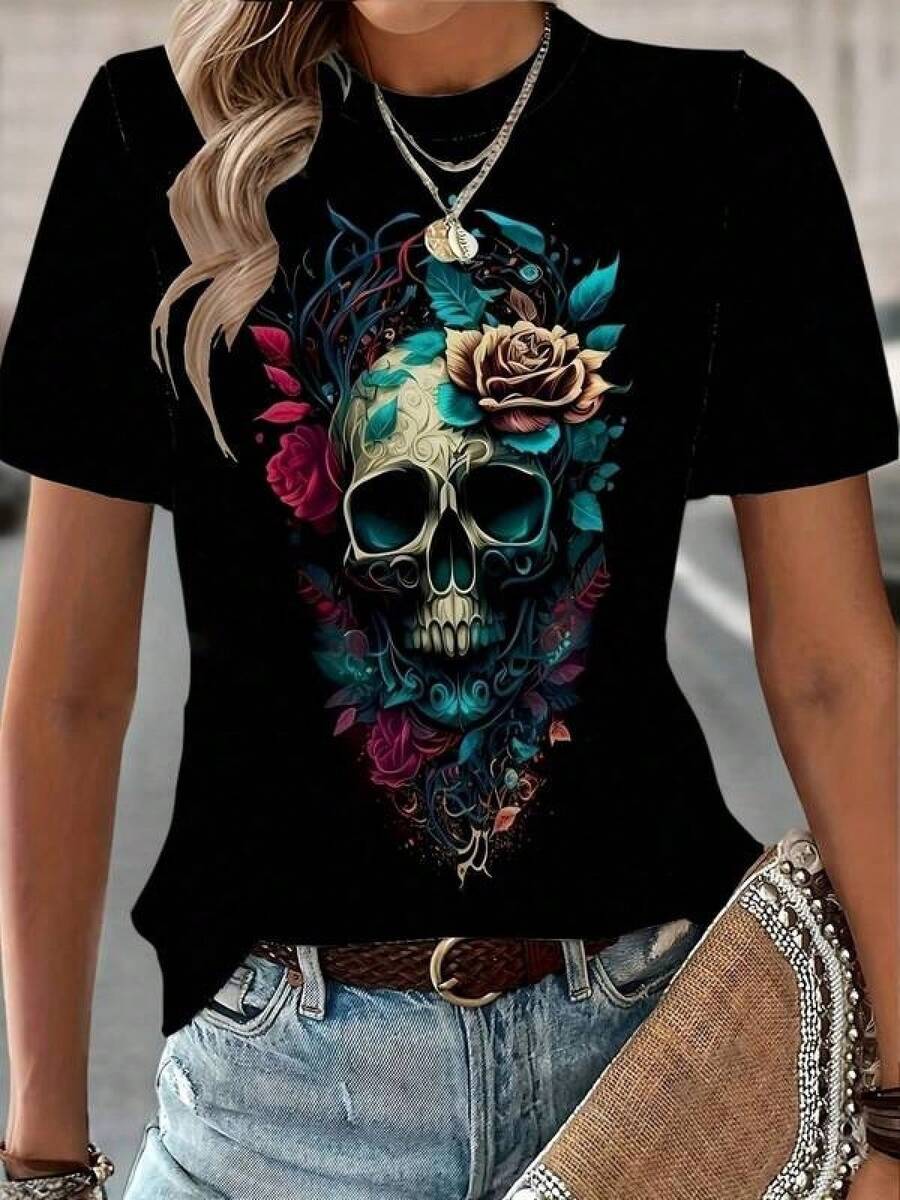 100% Algodón Premium 180g .¡Oferta Especial!Playera.Camiseta moderna con estampado de calavera artística para mujer, ideal para un estilo casual y audaz.Diseño de rosas y colores vibrantes, perfecta para eventos informales o salidas nocturnas.Tallas disponibles: S, M, L, XL.Color negro.Moda alternativa.En.Camiseta Streetwear Unisex Ideal para Conciertos y Regalo - Negro - Ver 1