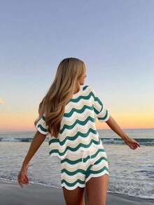 Conjunto de 2 piezas de top de manga corta de ganchillo hueco y pantalones cortos casuales de estilo europeo y americano para mujer, ideal para vacaciones y verano en la playa - Multicolor 7 - Ver 4