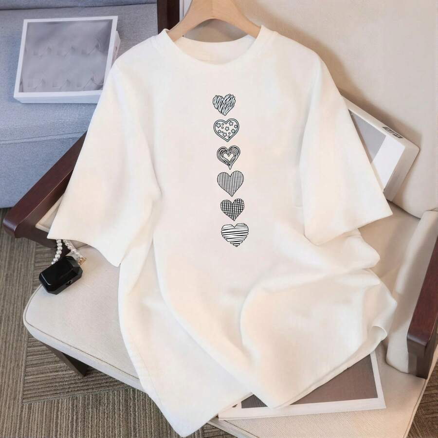 Women's Crew Neck T-Shirts Kawaii Print Heart-Shaped Design Breathable Casual School Wear | Lightweight Summer Top - 白色 - 查看 1