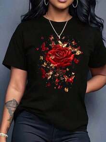 Under The Radarropa Women's 1-Piece Set. Soft 100% Cotton Fabric. Casual Women's Sports T-Shirt With A Floral Print Of Red Roses And Butterflies, Crew Neck, Short Sleeves, Regular Length, All-Season T-Shirt. Unisex Loose-Fitting Cotton T-Shirt With Short Sleeves And A Crew Neck In An Urban Vintage Style. - 黑色 - 查看 7