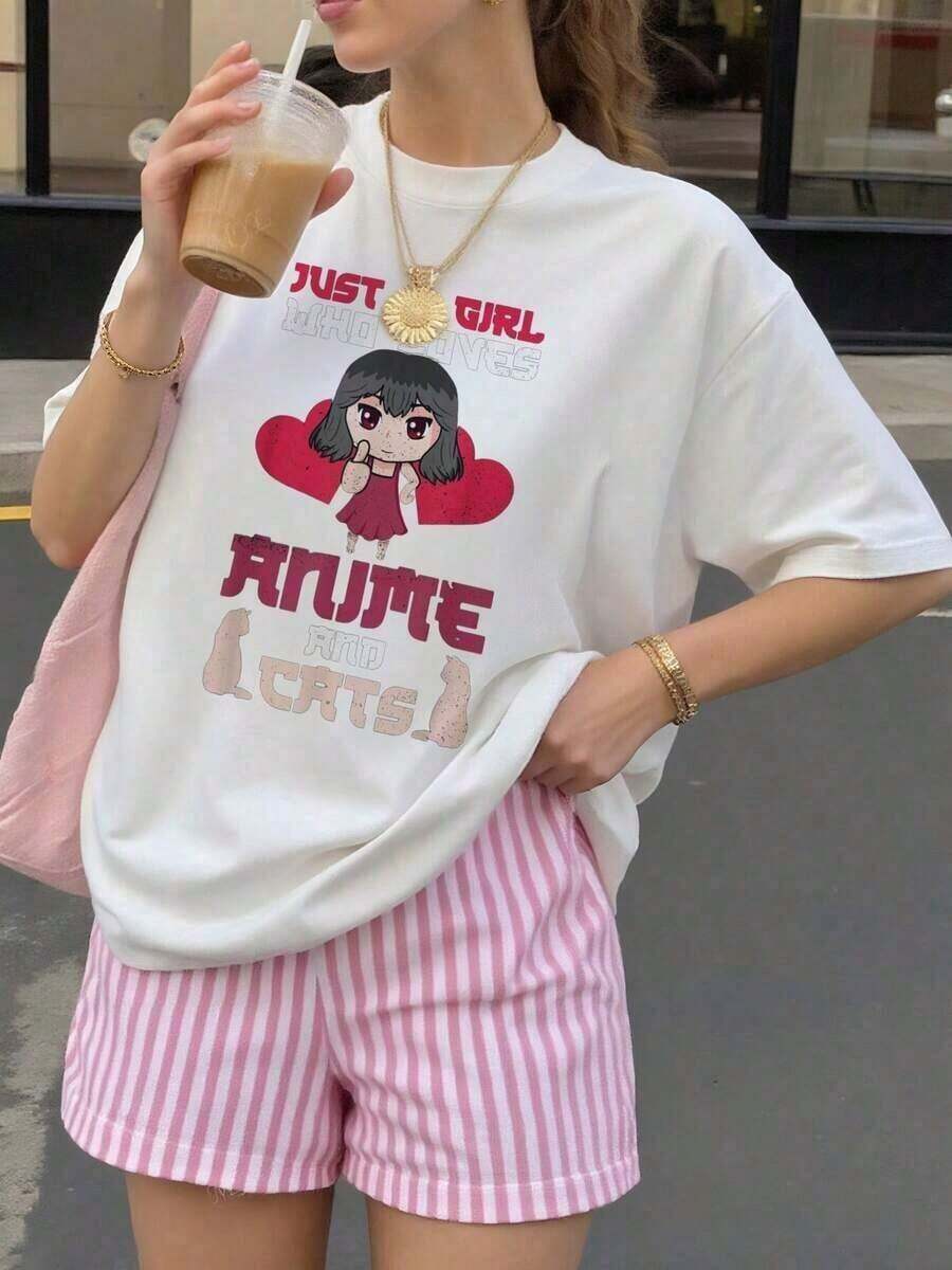 Under The RadarAnimeJust Una Chica Que Ama El Anime Y Los Gatos Camiseta Kawaii Para Amantes De Los Gatos Adecuada para primavera, verano y otoño-Vintage Street Style Unisex Loose Cotton Short Sleeve Crew Neck T-Shirt - Blanco - Ver 1