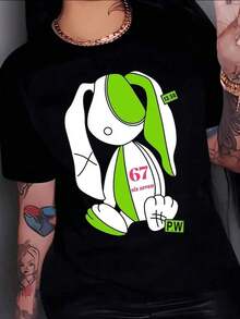 Gift: Stylized Rabbit In White And Green With Numbers And Letters That Convey Youthful Energy And Modern Attitude. Women's T-Shirt, 100% Cotton. Soft - Black - View 1