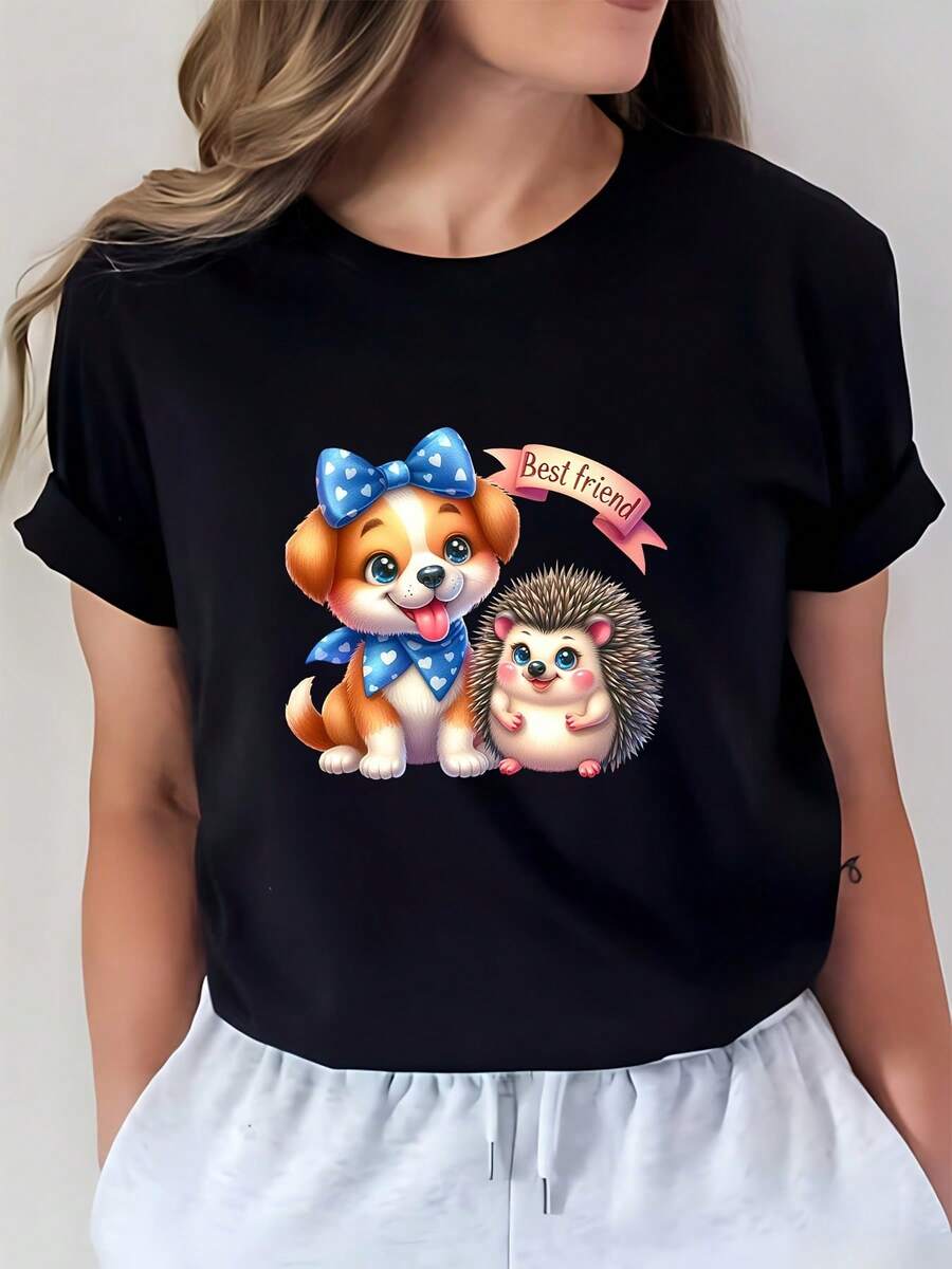 Best Friends Dog And Hedgehog Fashion Design T-Shirt (180g) - Perfect Gift For Family And Friends, Fun Design T-Shirt For Summer Activities, Team Building And Casual Wear - Unisex Cotton Loose Fit Short Sleeve Crew Neck Urban Vintage Style T-Shirt. - 黑色 - 查看 1