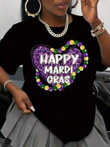 Women's Leopard Print Shirt With Heart Beads For Mardi Gras - Festive Design In Purple, Green, And Gold, Party Wear, Spring Outfit, Celebrations - Urban Vintage Style, Unisex, Cotton, Short Sleeve, Round Neck, Blouses For Women. Blouses.Casual Blouses For Ladies. - 黑色 - 查看 7