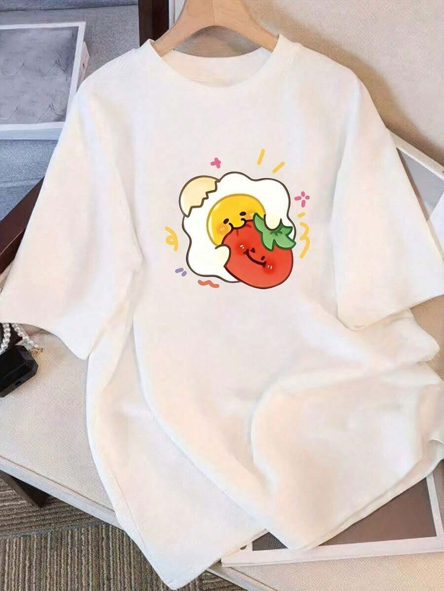 Women's Clothing 2026, Summer, Pure Cotton, Loose Fit, Round Neck, Versatile, Comfortable Women's Clothing, Casual, Youthful T-Shirt, Modern, Dynamic, For Daily Use, Short Sleeve. - 白色的 - 查看 1