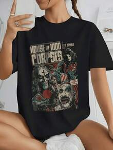 Women's T-Shirt With Vintage Horror Comic Art Retro Design Showing A Haunted House Night Scene With Spooky Carnival Characters, 100% Cotton, Retro Casual Clothing. - 黑色 - 查看 7