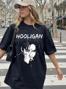 playeras de mujerHooligan B. T.S V Meme Shirt, Bangtan Arirang Shirt, Vintage Hooligan V Meme Tee, Funny Graphic T-shirt, Gift For Army ,Camiseta informal de moda con estampado creativo para mujer, de manga corta y cuello redondo, para primavera y verano T-Shirt Women Festive Celebration Shirt Party Wear Topblusas para mujer - Negro - Ver 1