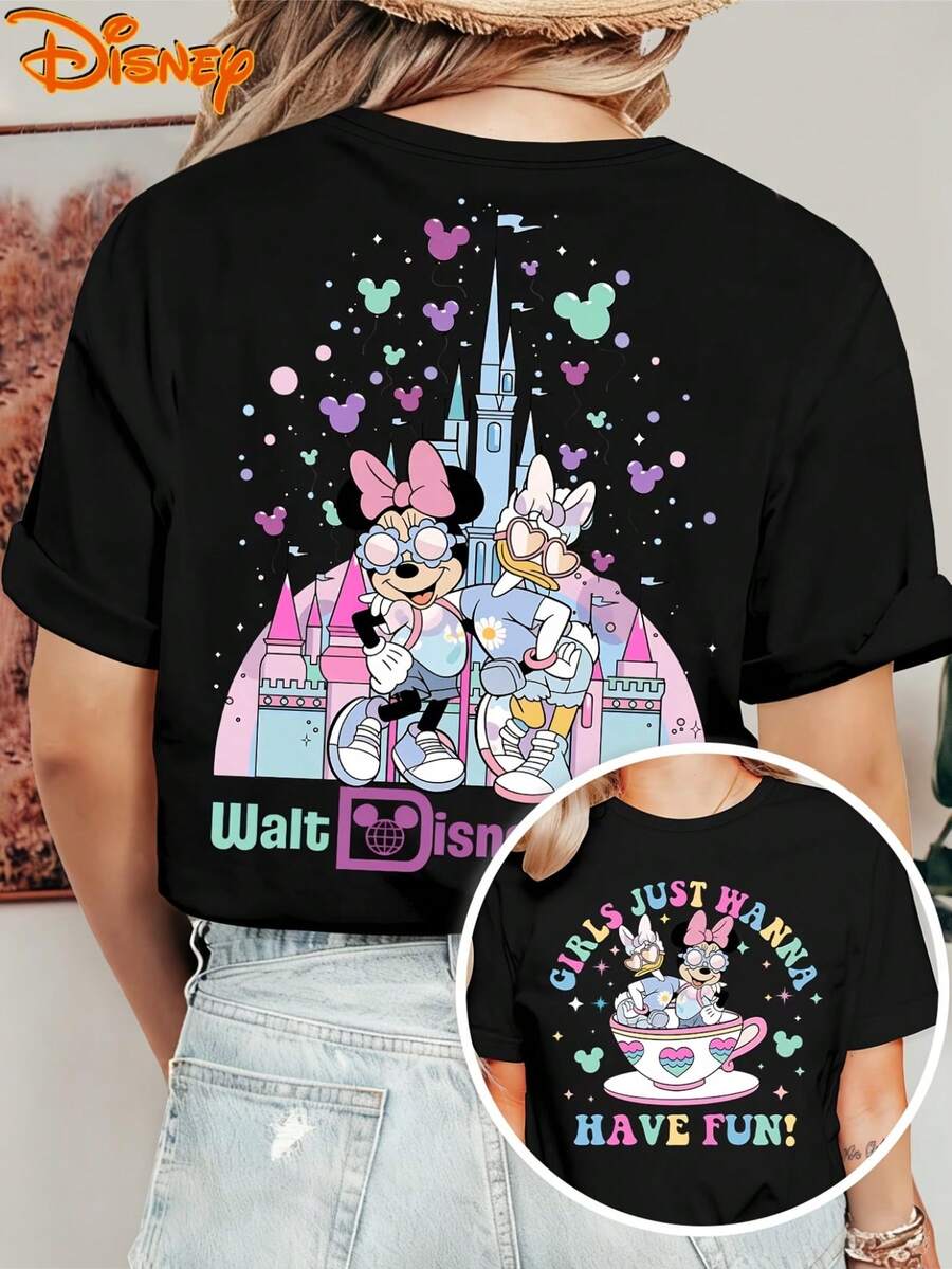 Authorized By Disney, Ladies Short-Sleeved Cartoon Minnie Mouse Castle With Double-Sided Printed Round Neck Summer Casual T-Shirt, Spring, Summer And Autumn,' Travel', Fashionable And Versatile Retro, A Gift From Disney Fans. - màu đen - Xem 1