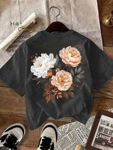 Camiseta gráfica  LUNE para mujer, camiseta de manga corta estilo casual urbano, top de verano lindo, tops lindos para mujer, tops de manga corta para mujer, camiseta de manga corta oversize, camiseta con estampado floral, camiseta con estampado floral, camiseta de manga corta oversize, tops para mujer, camiseta vintage lavada. - Gris Oscuro - Ver 3