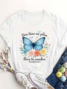 2026Camiseta de mujer con diseño inspirador de mariposas - "Dios tiene un plan mejor que tú" con diseño floral, camiseta blanca casual de manga corta para primavera y verano, perfecta para ropa casual, ir al trabajo y reuniones al aire libre, camiseta de - Blanco - Ver 1