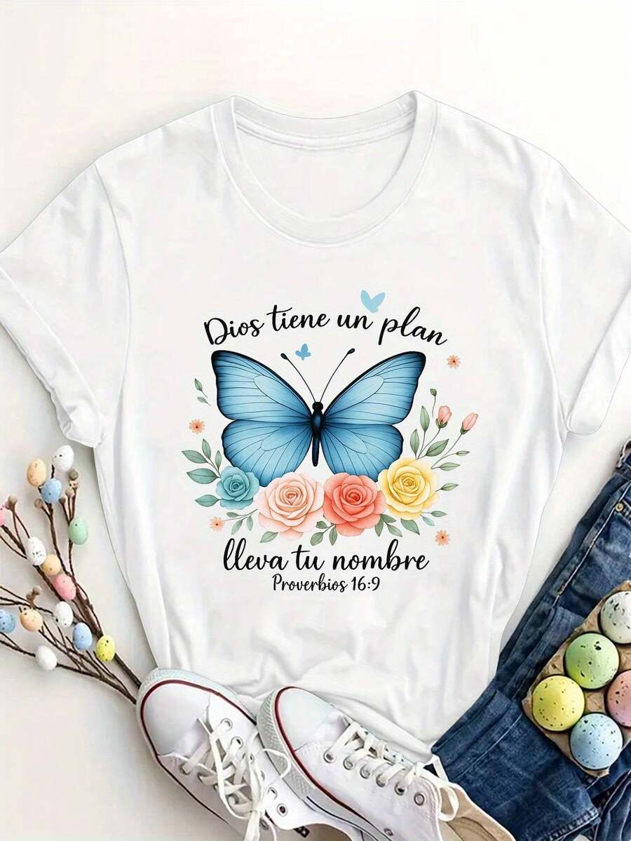 2026Camiseta de mujer con diseño inspirador de mariposas - "Dios tiene un plan mejor que tú" con diseño floral, camiseta blanca casual de manga corta para primavera y verano, perfecta para ropa casual, ir al trabajo y reuniones al aire libre, camiseta de - Blanco - Ver 1
