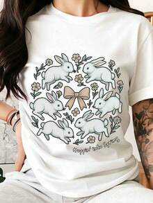 Hoppin Into Spring Bunny Floral Design  T Shirt Women Easter Spring Seasonal Graphic Tee Cute Rabbit Print TopPlayera Holgada para Mujer - Blanco - Ver 7