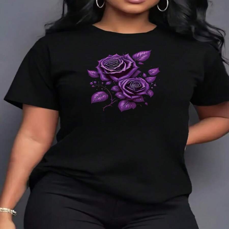 Womens Purple Rose Print Black T Shirt Cotton Blend Casual Short Sleeve Round Neck Tee Top - Negro - Ver 1