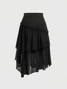 MOD Falda De Doble Capa Con Dobladillo De Volantes Para Mujer - Negro - Ver 2