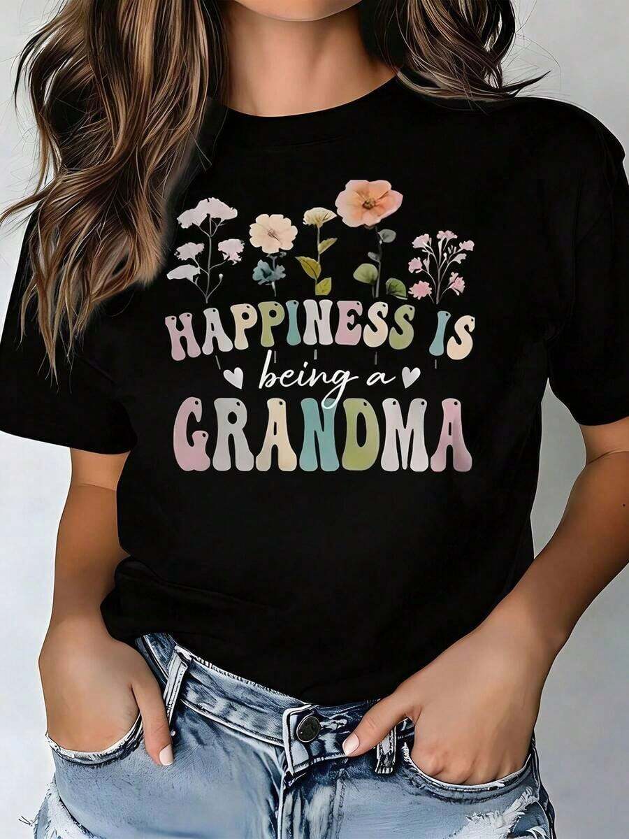 Camiseta transpirable de talla grande, elegante y casual, de cuello redondo para mujer, con diseños estampados del modelo "La felicidad es ser abuela de la abuela de la flor" para primavera y verano, playeras de mujer algodón, mujer premium. - Negro - Ver 1