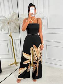 AIJ Bộ jumpsuit dài không tay dây mảnh dành cho nữ, có chi tiết xoắn ở lưng và họa tiết cây nhiệt đới, chất liệu vải dệt, thích hợp cho những dịp trang trọng. - màu đen - Xem 3