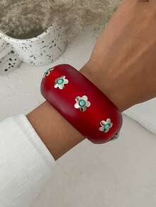 1pc Rustic Style Geometric Exaggerated Inlaid Faux Turquoise Flower Charm Jewelry Wooden Cuff Bracelet, Luxurious & Elegant, Suitable For Wedding, Banquet, Vacation, Party, Daily Casual, Street Style, Women, Couples, Holiday, Birthday, Versatile Gift - Bracelet - View 14