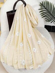 1pc Bohemian Floral Embroidered Headscarf Scarf Casual Outdoor Sun Protection Windproof Beach Wrap Dress - Beige - View 5