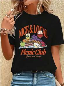 GiftCamiseta de Mujer con Temática de Picnic - Manga Corta, Cuello Redondo con Estampado de Comida Local (Queso, Vino, Pan) - Top Casual Transpirable y Elástico para Almuerzos al Aire Libre, Mercados de Productos Caseros y Atuendos de Estilo Campestre Francés - 100% algodónSoft - Negro - Ver 1