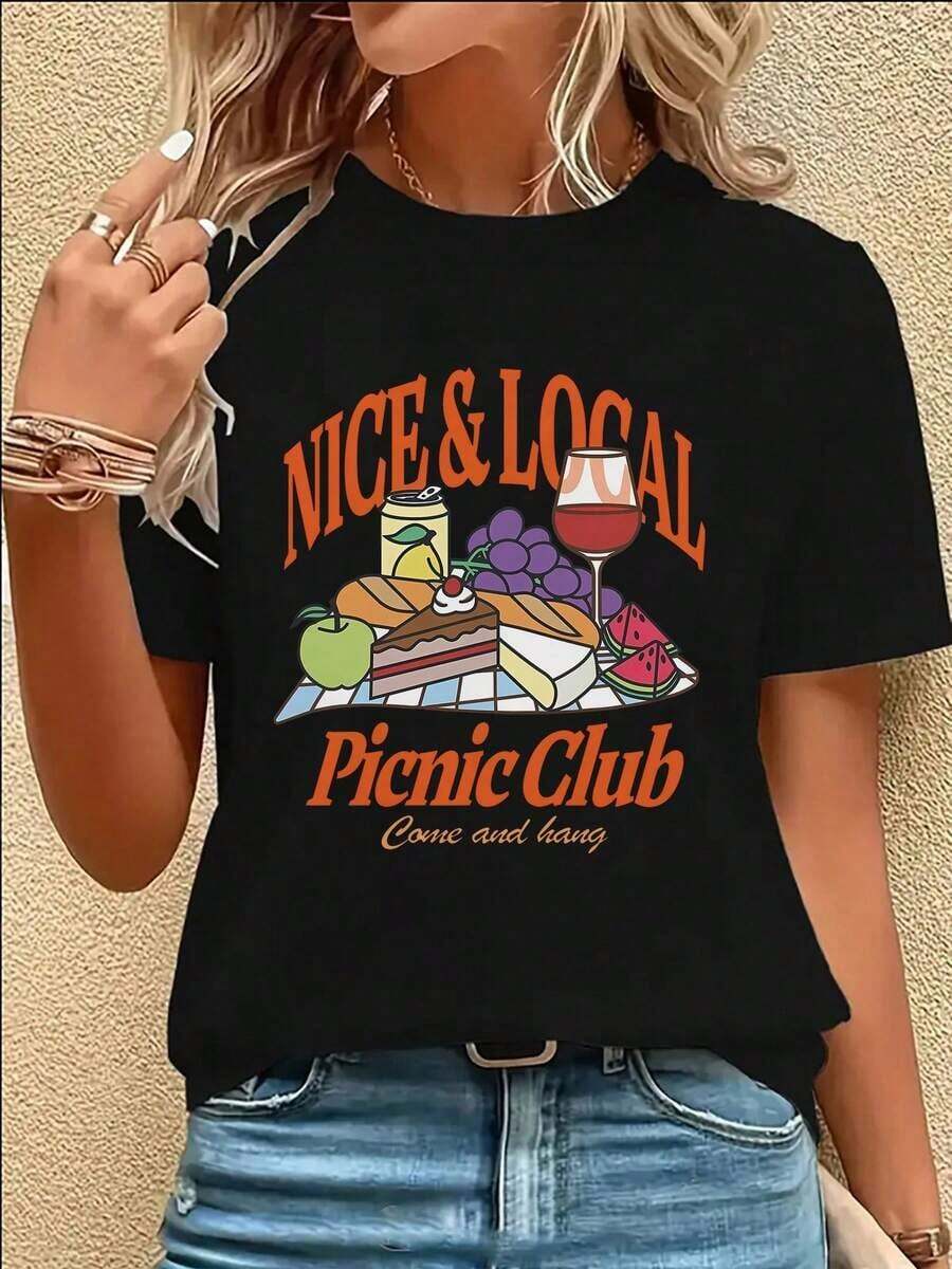 GiftCamiseta de Mujer con Temática de Picnic - Manga Corta, Cuello Redondo con Estampado de Comida Local (Queso, Vino, Pan) - Top Casual Transpirable y Elástico para Almuerzos al Aire Libre, Mercados de Productos Caseros y Atuendos de Estilo Campestre Francés - 100% algodónSoft - Negro - Ver 1