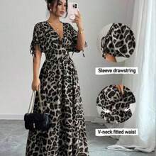 Nana's Women's Clothing Store  Vestido largo con escote en V, cintura ceñida y estampado de leopardo, de manga media en corte evasé para mujer - Albaricoque - Ver 1