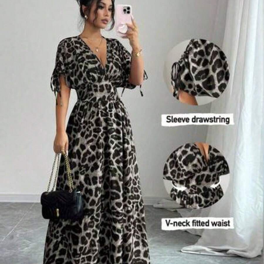 Nana's Women's Clothing Store Vestido largo con escote en V, cintura ceñida y estampado de leopardo, de manga media en corte evasé para mujer - Albaricoque - Ver 1