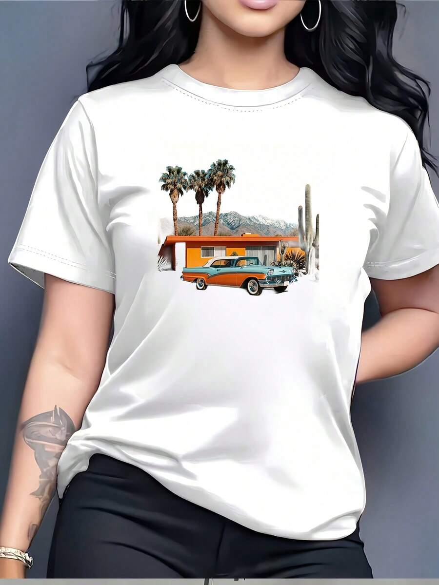 Camiseta de Cuello Redondo 180G con Estampado de Coches Clásicos y Palmeras - Perfecta para vacaciones en familia e intercambios de regalos, ideal para la oficina y días de team building. Blusas Para Mujer Casual - Blanco - Ver 1