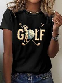 Golfer Silhouette Design T-Shirt, Casual Short-Sleeved Round-Neck Top, Women's Spring/Summer Clothing. Elegant Party Outfit, Stylish Ladies' T-Shirt, Blouses Suitable For Curvy Women, Prom Skirts, Casual Wear. Adorable Animal Print, Fun Letter Print, Versatile With Streetwear. - 黑色 - 查看 1