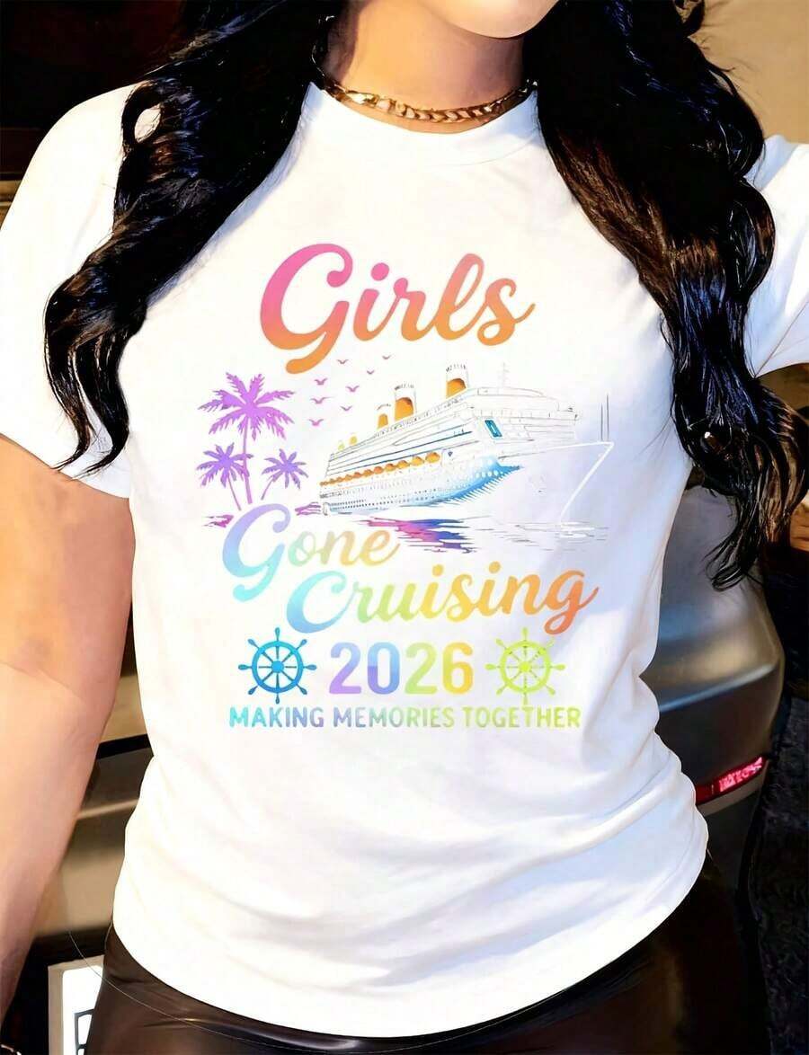 Women's "Girls Gone Cruising" T-Shirt, Fashionable T-Shirt For Creating Memories Together, Round Neck, Short Sleeve, Casual, Suitable For Daily Outdoor Wear, Perfect For All Seasons. - 白色 - 查看 1