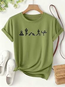 Women's Yoga Figure Icon Print T-Shirt, 2026 Spring/Summer Fun Style Short Sleeve, Lightweight Sporty Daily Wear Loose Fit Top, Cute And Fun Sports Themed Fashionable Versatile Design, Women's Clothing Sizes S-XXL - 蕨綠色 - 查看 1