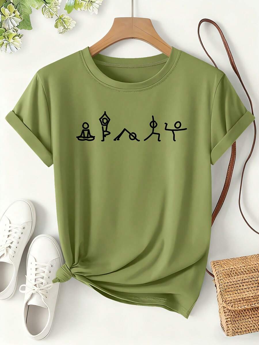 Women's Yoga Figure Icon Print T-Shirt, 2026 Spring/Summer Fun Style Short Sleeve, Lightweight Sporty Daily Wear Loose Fit Top, Cute And Fun Sports Themed Fashionable Versatile Design, Women's Clothing Sizes S-XXL - 蕨綠色 - 查看 1