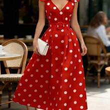 Nana's Women's Clothing Store  Vestido elegante de mujer con decoración de lazo a lunares para fiestas navideñas y de Año Nuevo - Rojo - Ver 1