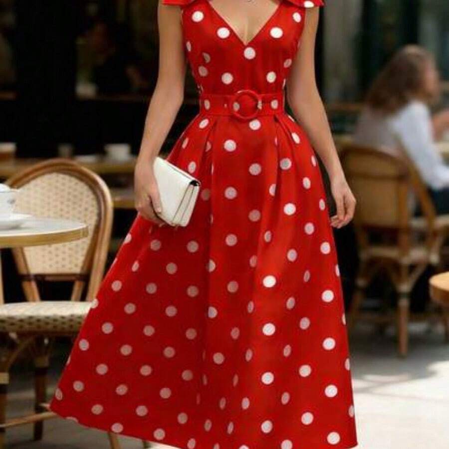 Nana's Women's Clothing Store Vestido elegante de mujer con decoración de lazo a lunares para fiestas navideñas y de Año Nuevo - Rojo - Ver 1