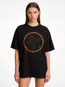 Women's Basic Crew Neck T-Shirt With Premium Tropical Palm Tree Design, Sizes S-2XL, 100% Solid Color In Black And White, Perfect For Summer Beach Vacations, Available As A Family And Couples Set, Ideal Mother's Day Gift, Suitable For Gifting To Mom, Relatives And Close Friends, . - 黑色 - 查看 8