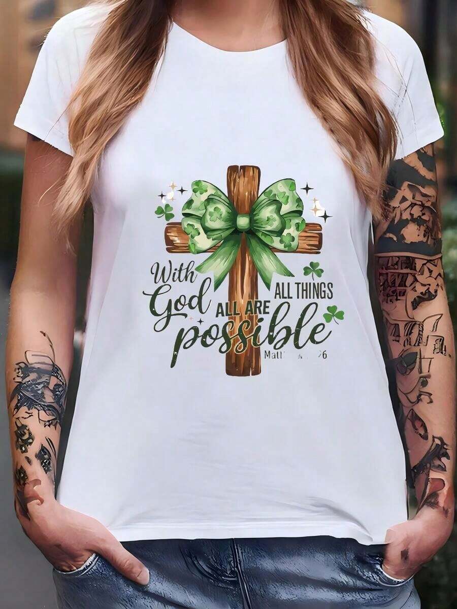 Women's St. Patrick's Day Sweatshirt "With God All Things Are Possible", St. Patrick's Day Gift For Women, Christian Cross Sweatshirt For St. Patrick's Day, 100% Pure Cotton St. Patrick's Day T-Shirt, Women's T-Shirt - 白色 - 查看 1