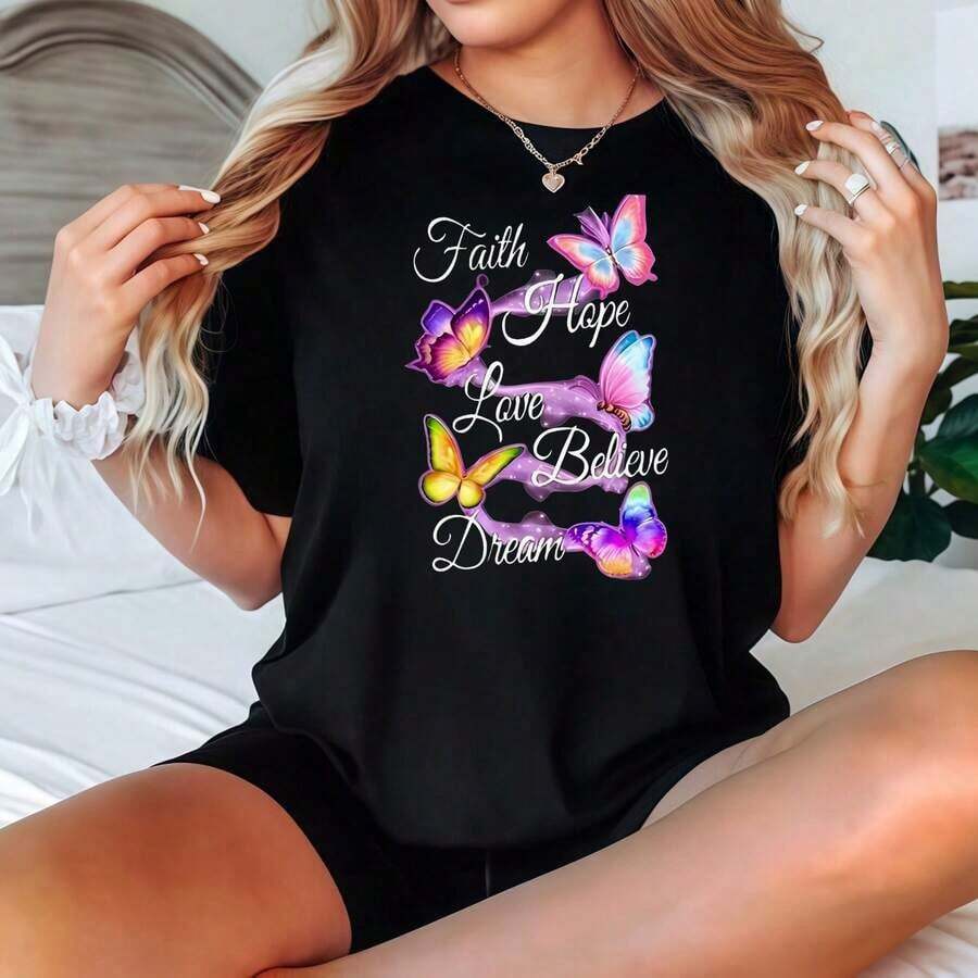 Camiseta Negra de Manga Corta para Mujer con Estampado de Texto Inspirador, Ropa Casual, Playera Holgada para Mujer - Negro - Ver 1