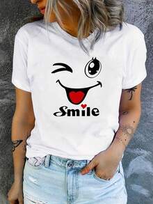 Round Neck T-Shirt With Funny  Face Print, Casual Short Sleeve, Micro-Elastic, Non-See-Through, Easy Care Material, Ideal For Casual Outfits, Women's Clothing - 黑色 - 查看 5