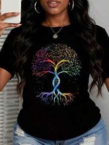 Women's White T-Shirt With Colorful Tree Of Life Design - Unisex Urban Vintage Style, 100% Cotton Short Sleeve T-Shirt With Round Neck - 黑色 - 查看 3