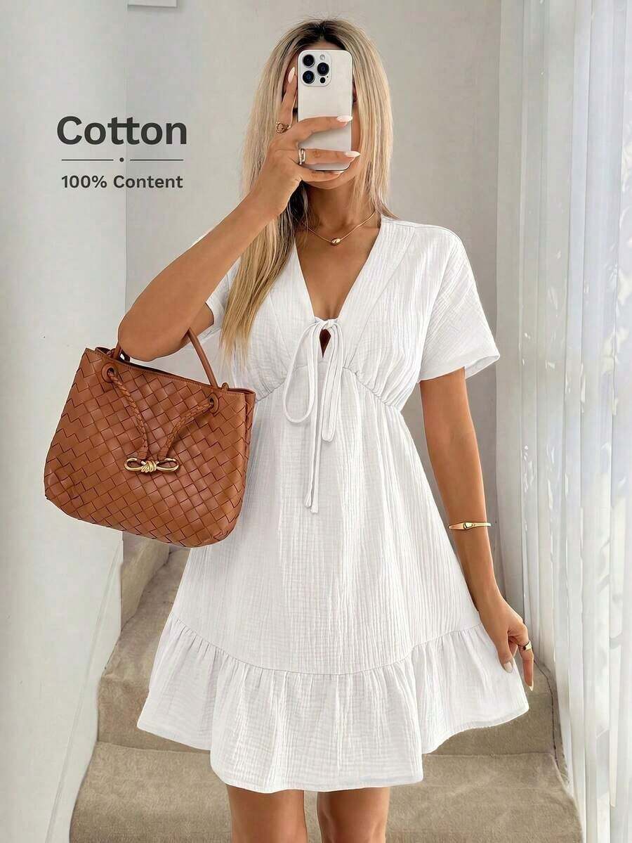 Umbrella Dress With V-Neck, Shoulder Tie, Dropped Sleeves, Gathered Waist, Ruffled Hem, Double-Layered Crepe Fabric, 100% Cotton, Casual, Relaxed, Elegant, For Everyday Wear, Vacation, Spring And Summer For Women - 白色 - 查看 1