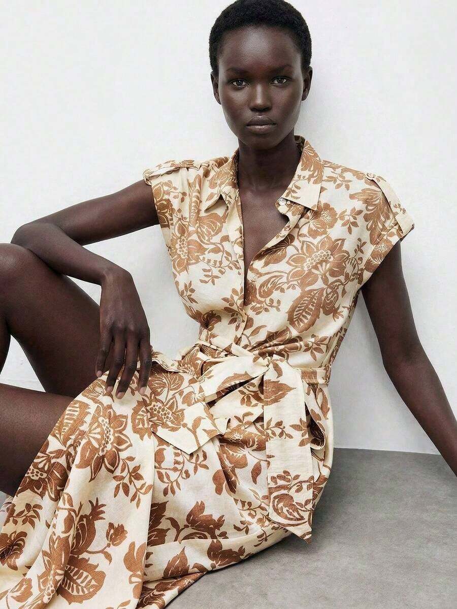 Maija Vestido casual de vuelo con estampado floral y botones delanteros para mujeres, adecuado para el verano y atuendos de vacaciones - Albaricoque - Ver 1